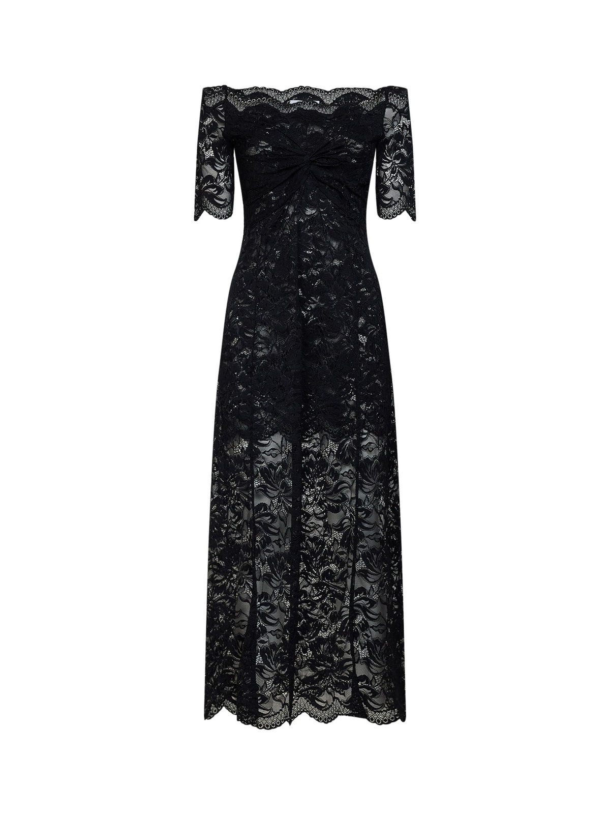 Rabanne Women Black Layered Stretch Lace Off-The-Shoulder Maxi Dress