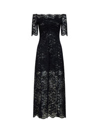 Rabanne Women Black Layered Stretch Lace Off-The-Shoulder Maxi Dress