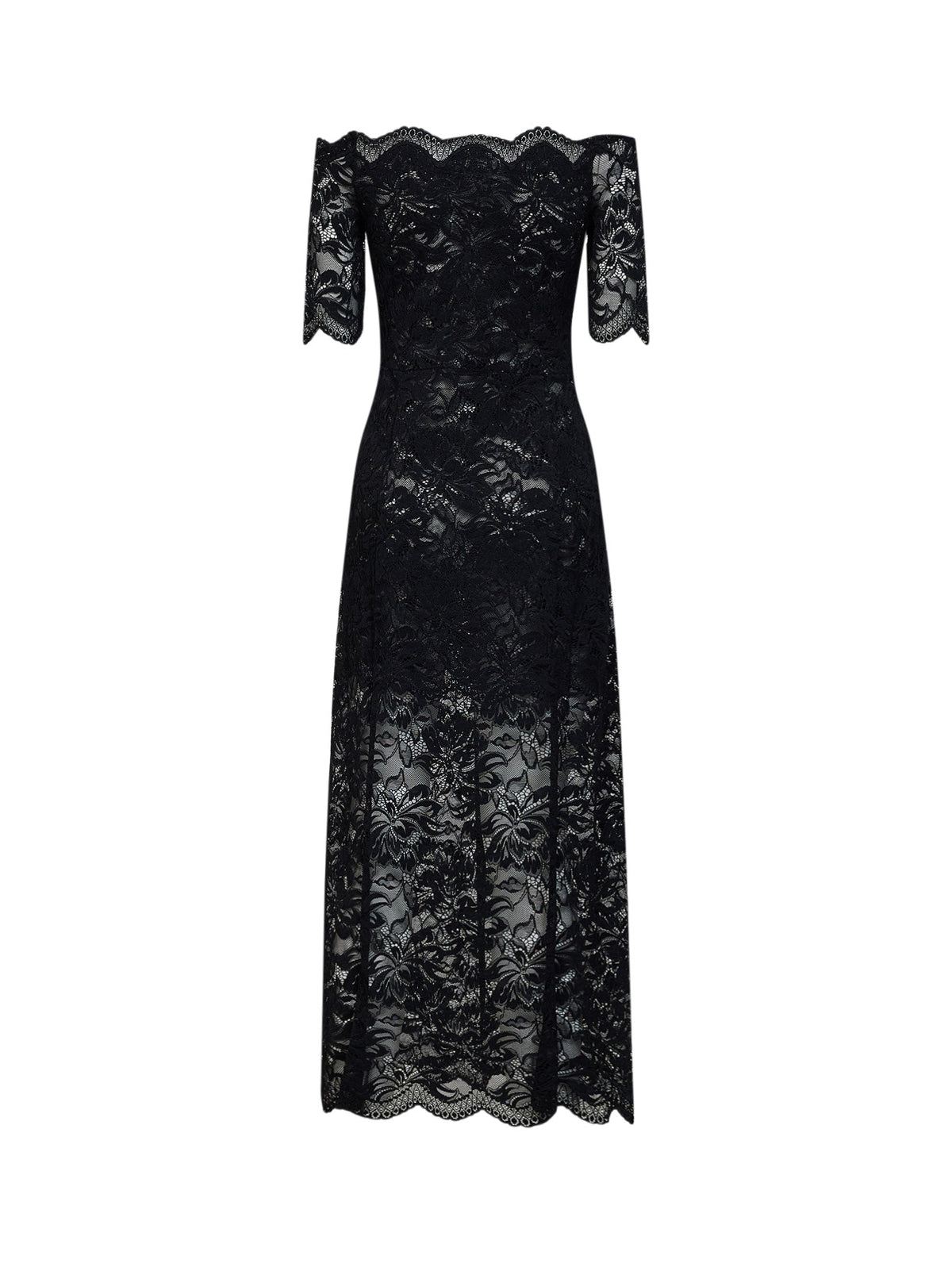 Rabanne Women Black Layered Stretch Lace Off-The-Shoulder Maxi Dress
