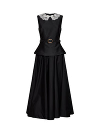 Self Portrait Women Black Taffeta Belted Peplum Midi Dress