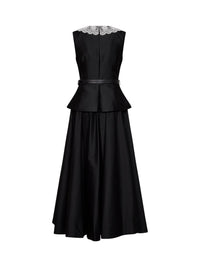 Self Portrait Women Black Taffeta Belted Peplum Midi Dress
