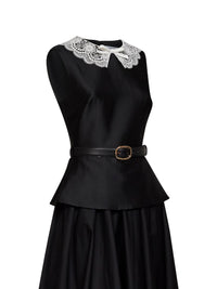 Self Portrait Women Black Taffeta Belted Peplum Midi Dress