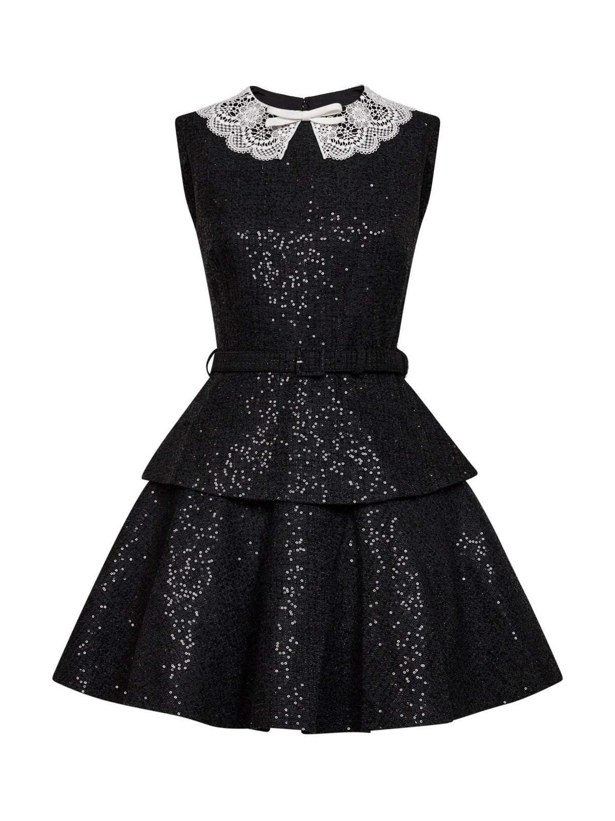 Self Portrait Women Black Sequin Bouclé Belted Peplum Mini Dress