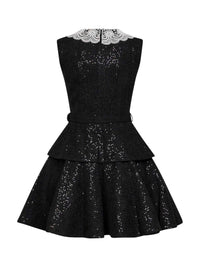 Self Portrait Women Black Sequin Bouclé Belted Peplum Mini Dress