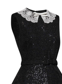 Self Portrait Women Black Sequin Bouclé Belted Peplum Mini Dress