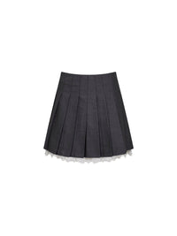 Self Portrait Women Grey Wool Blend Pleated Mini Skirt With Lace Insert