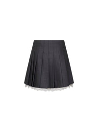 Self Portrait Women Grey Wool Blend Pleated Mini Skirt With Lace Insert
