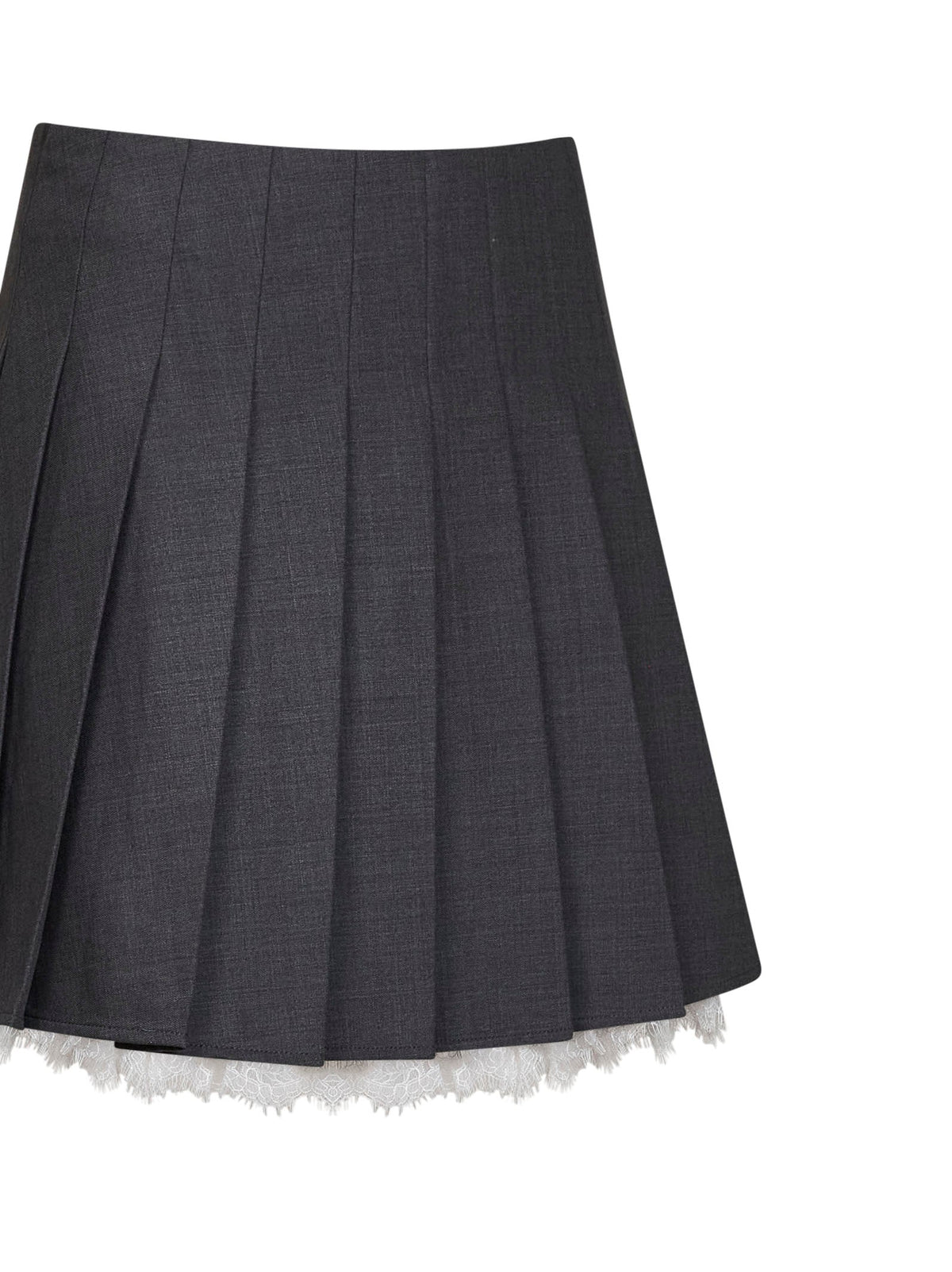Self Portrait Women Grey Wool Blend Pleated Mini Skirt With Lace Insert