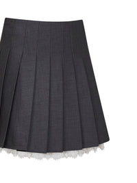 Self Portrait Women Grey Wool Blend Pleated Mini Skirt With Lace Insert