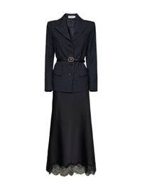 Self Portrait Women Grey Tailored Dress With Pinstriped Blazer And Satin Skirt