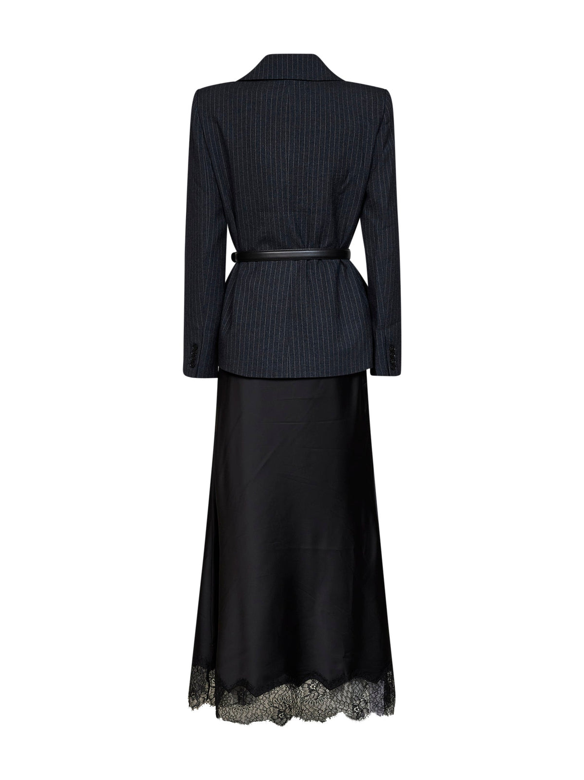 Self Portrait Women Grey Tailored Dress With Pinstriped Blazer And Satin Skirt