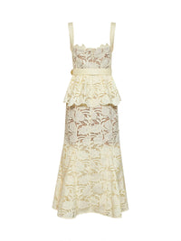 Self Portrait Women Yellow Macramé Lace Belted Peplum Midi Dress