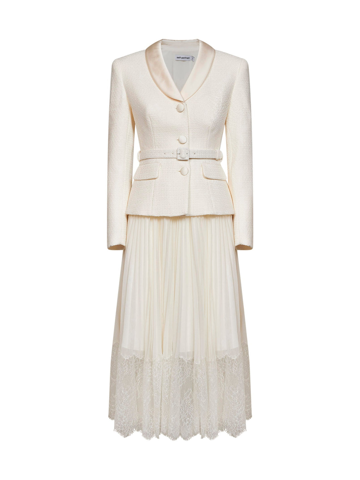 SELF PORTRAIT Self Portrait Women Cream Georgette And Bouclé Belted Midi Dress