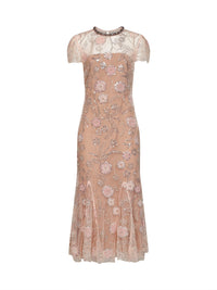 Self Portrait Women Pink Sequin Flower-Embroidered Tulle Midi Dress
