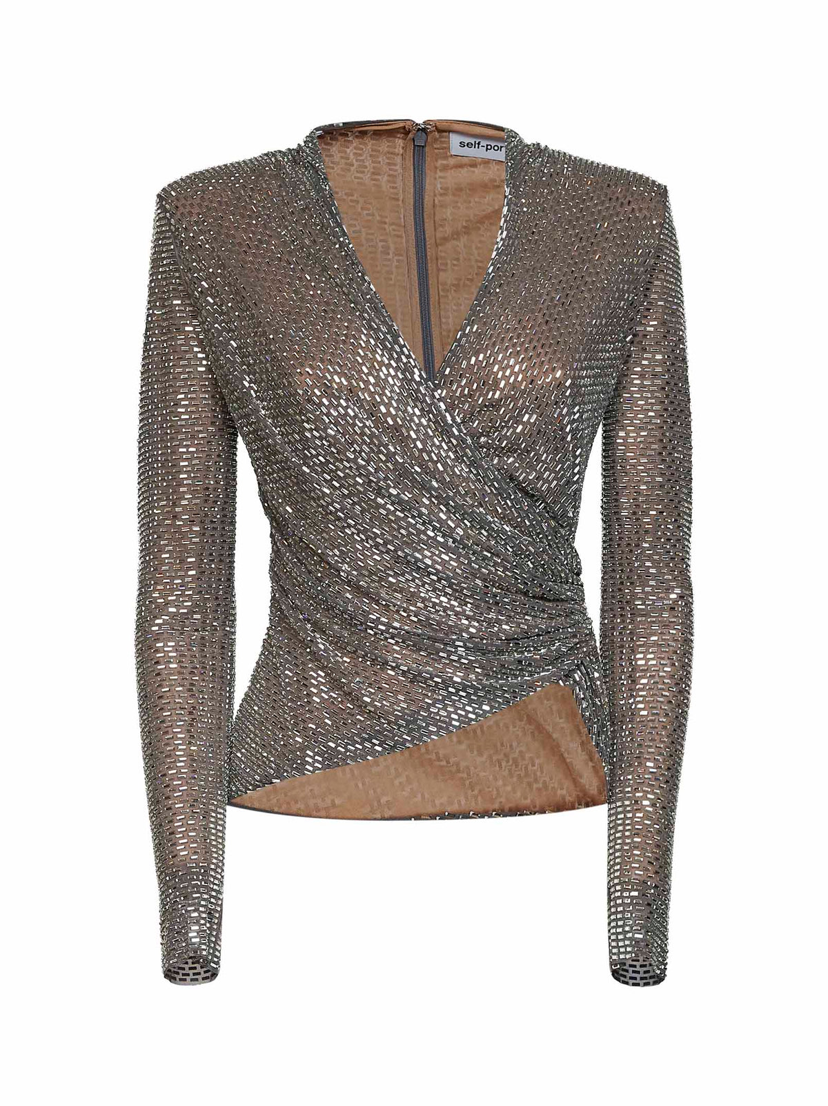 SELF PORTRAIT Self Portrait Women Grey Rhinestone-Embellished Mesh Wrap Top