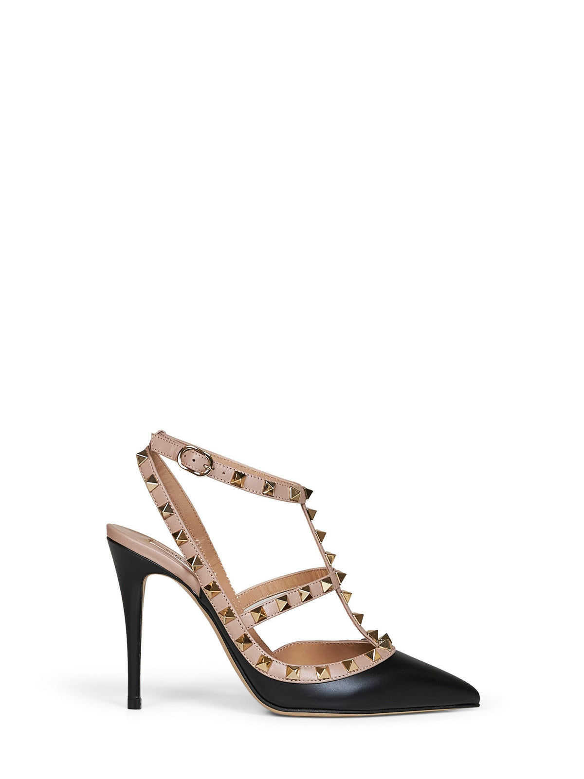 VALENTINO GARAVANI Valentino Garavani Women Black Leather Rockstud 100Mm Pumps With Blush Straps