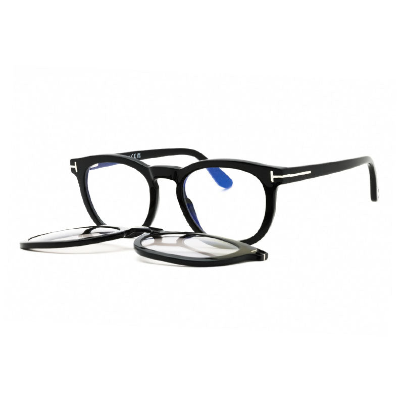 Tom Ford Eyeglasses Round Full Rim, Black Frame and Clear/Grey Clip-on Photochromic Lens FT5993-B005