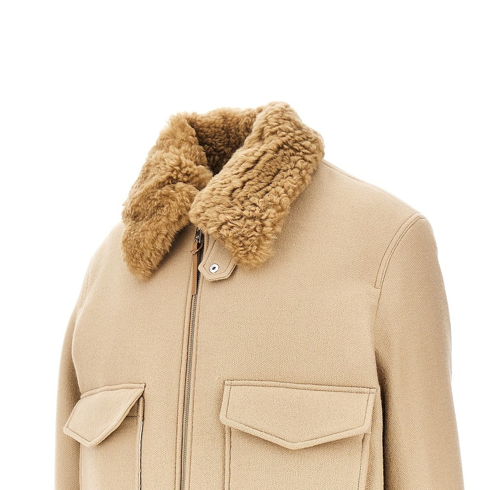 Ami Men Wool Bomber Jacket With Shearling Collar