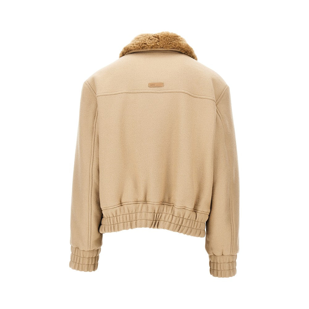 Ami Men Wool Bomber Jacket With Shearling Collar
