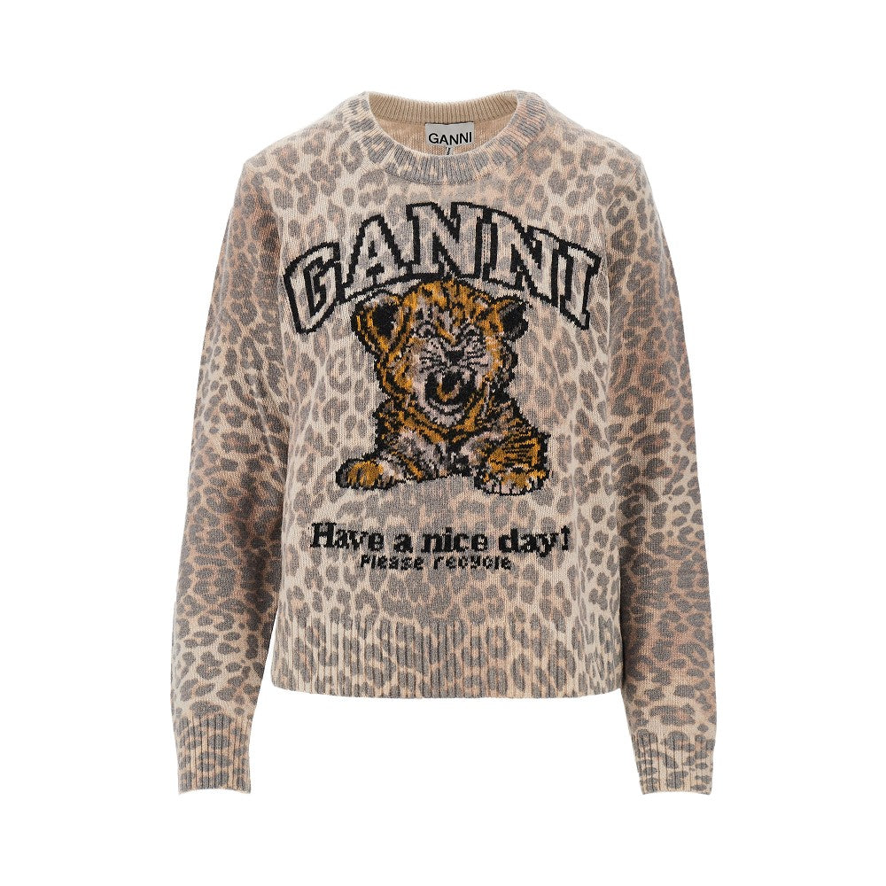 Ganni Women Wool-Blend Sweater With Leopard Motif