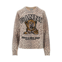 Ganni Women Wool-Blend Sweater With Leopard Motif