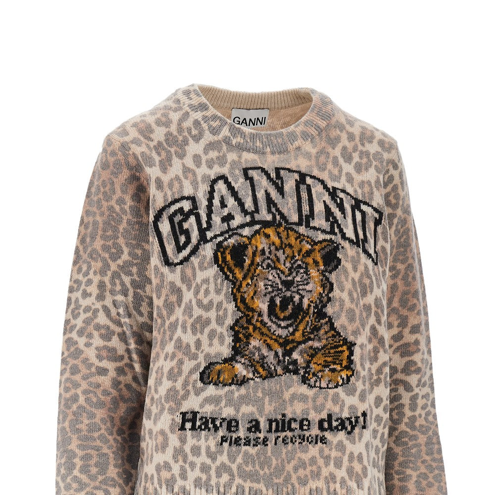 Ganni Women Wool-Blend Sweater With Leopard Motif