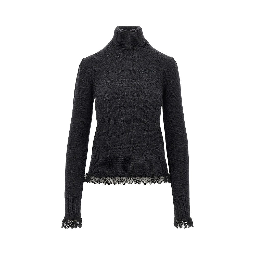 Ganni Women Merino Wool Sweater With Lace Trimming