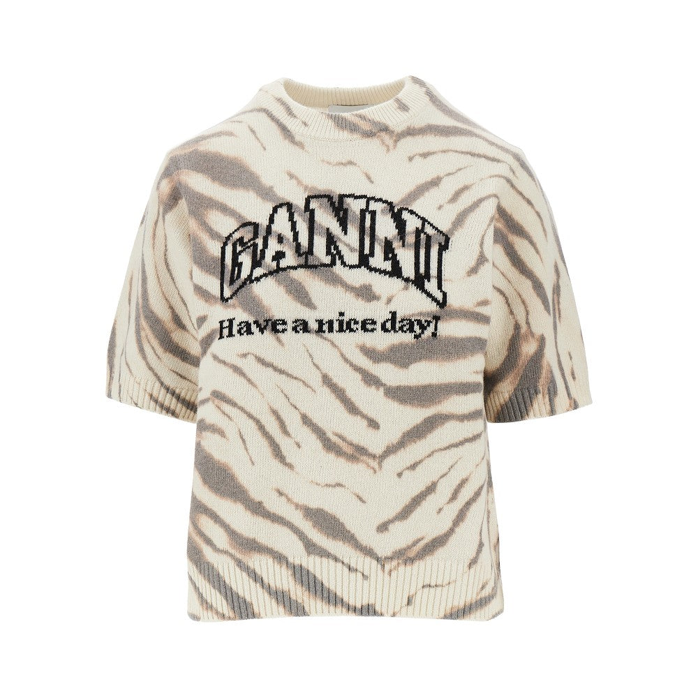 Ganni Women Knitted Top With Zebra-Striped Motif