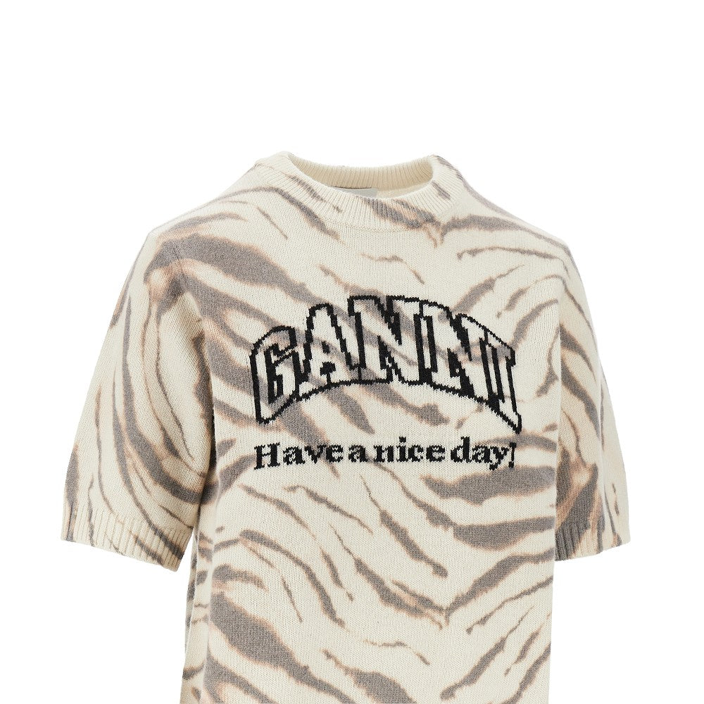 Ganni Women Knitted Top With Zebra-Striped Motif