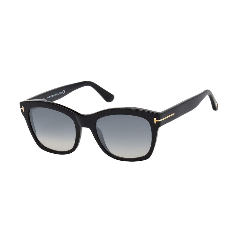 Tom Ford Cat Eye Full Rim, with a Shiny Black frame and Gradient Smoke Silver Flash lens. Black
