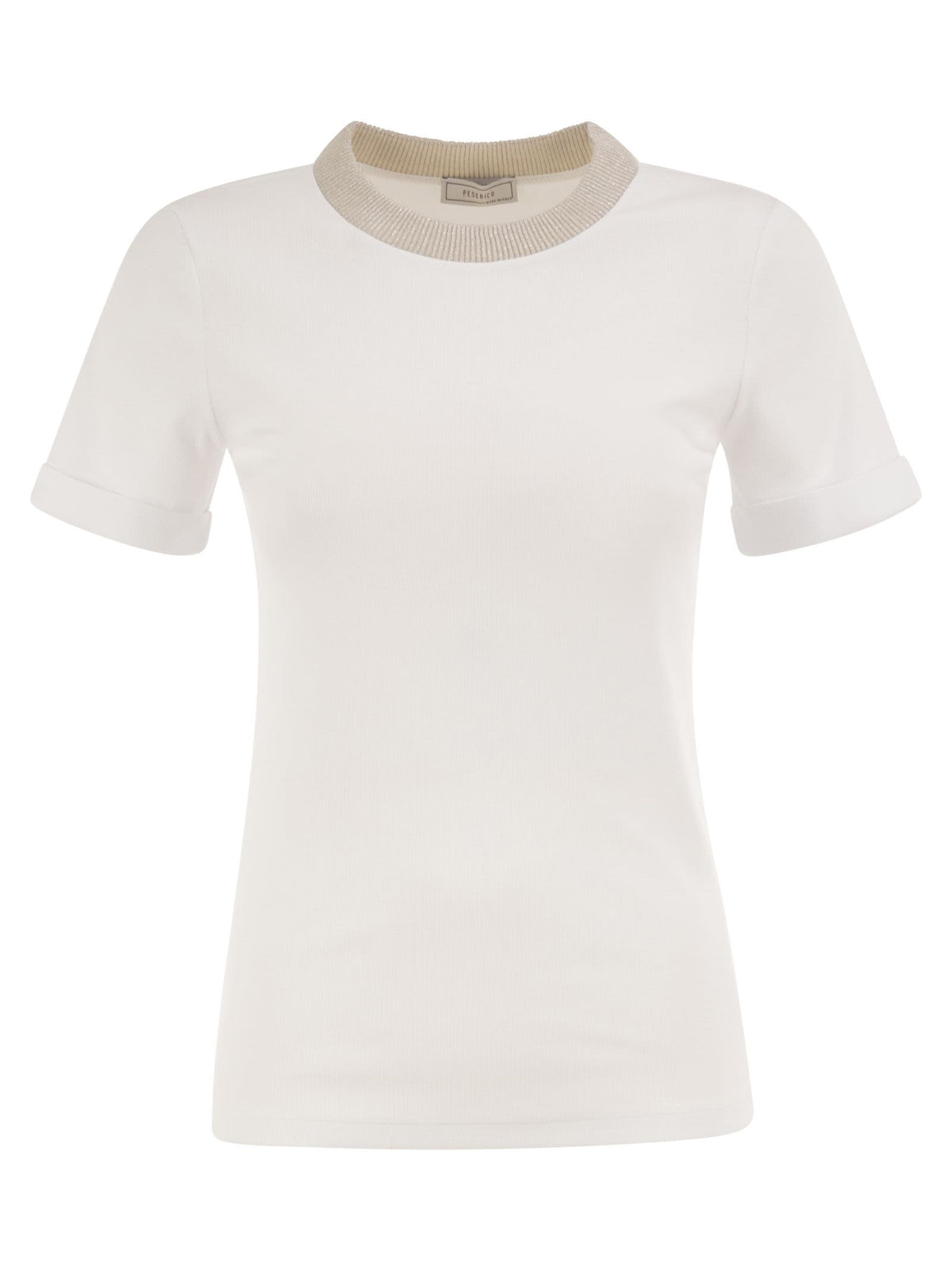 Peserico Women Stretch Cotton Jersey T-Shirt With Lamé Knit Neckline