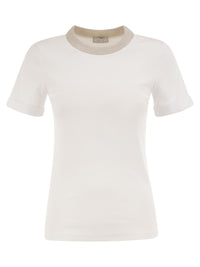 Peserico Women Stretch Cotton Jersey T-Shirt With Lamé Knit Neckline