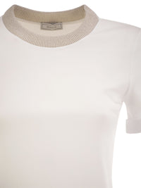 Peserico Women Stretch Cotton Jersey T-Shirt With Lamé Knit Neckline