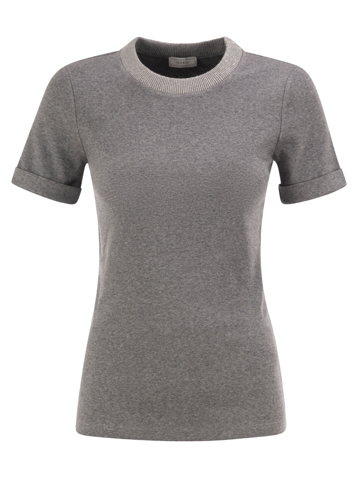 Peserico Women Stretch Cotton Jersey T-Shirt With Lamé Knit Neckline