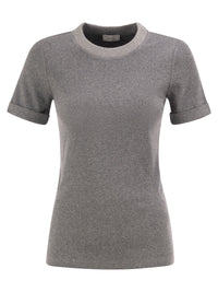 Peserico Women Stretch Cotton Jersey T-Shirt With Lamé Knit Neckline
