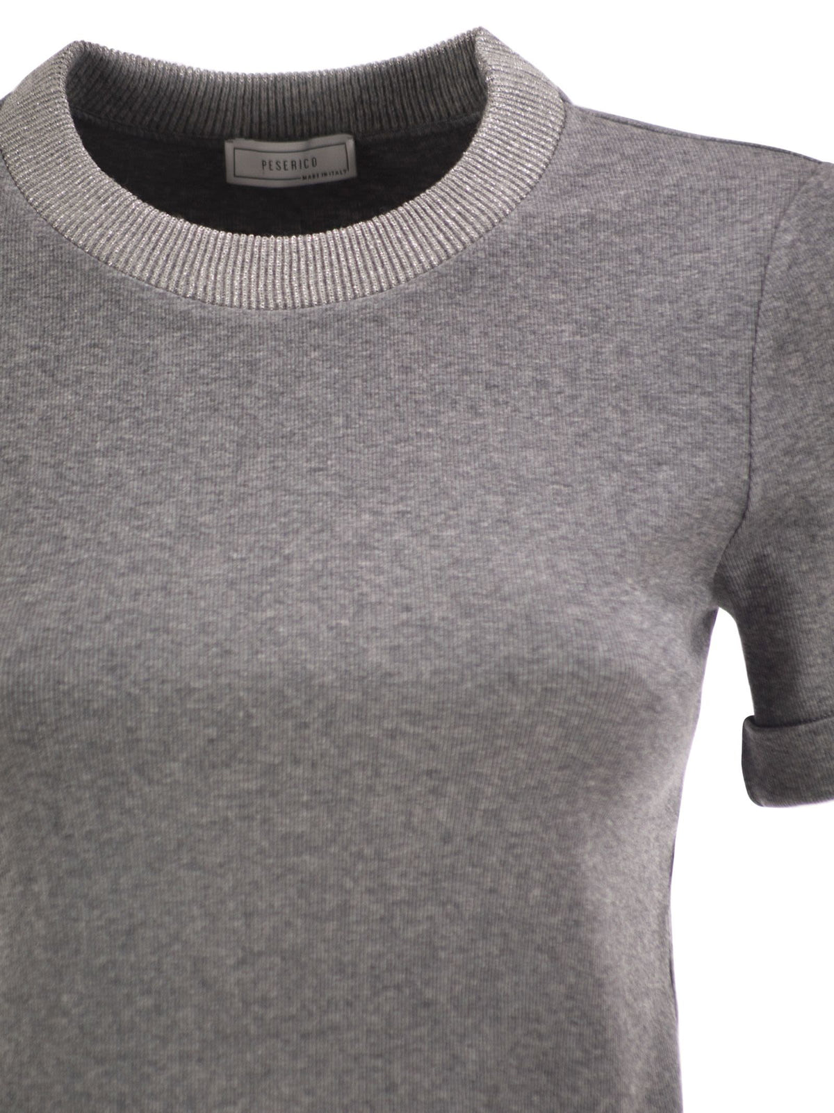 Peserico Women Stretch Cotton Jersey T-Shirt With Lamé Knit Neckline