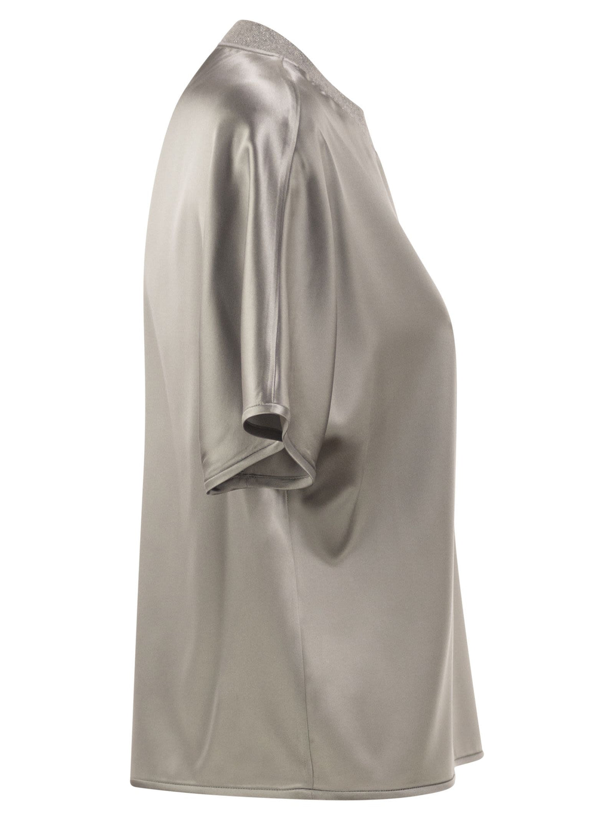 Peserico Women Stretch Silk Blouse With Lurex Knit Neckline