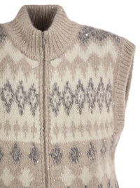 Peserico Women Jacquard Knitted Gilet In Alpaca Blend With Sequins
