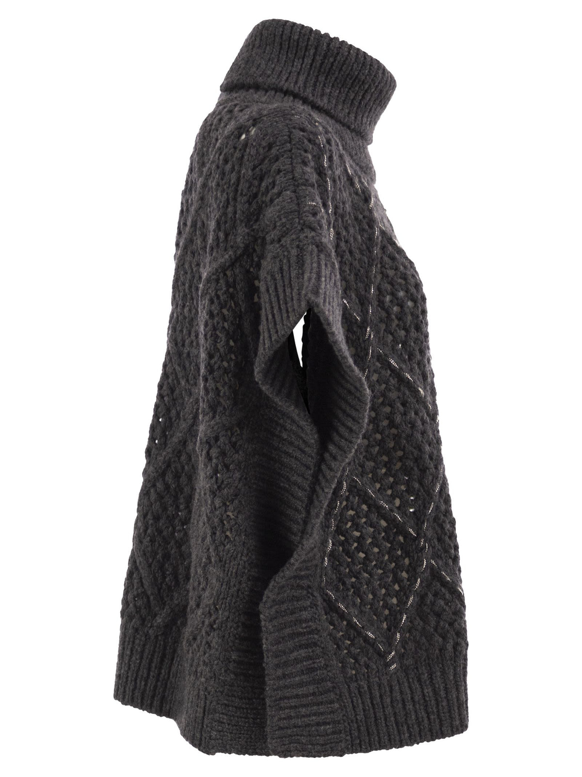 Peserico Women Virgin Wool Openwork Knit Roll-Neck Poncho