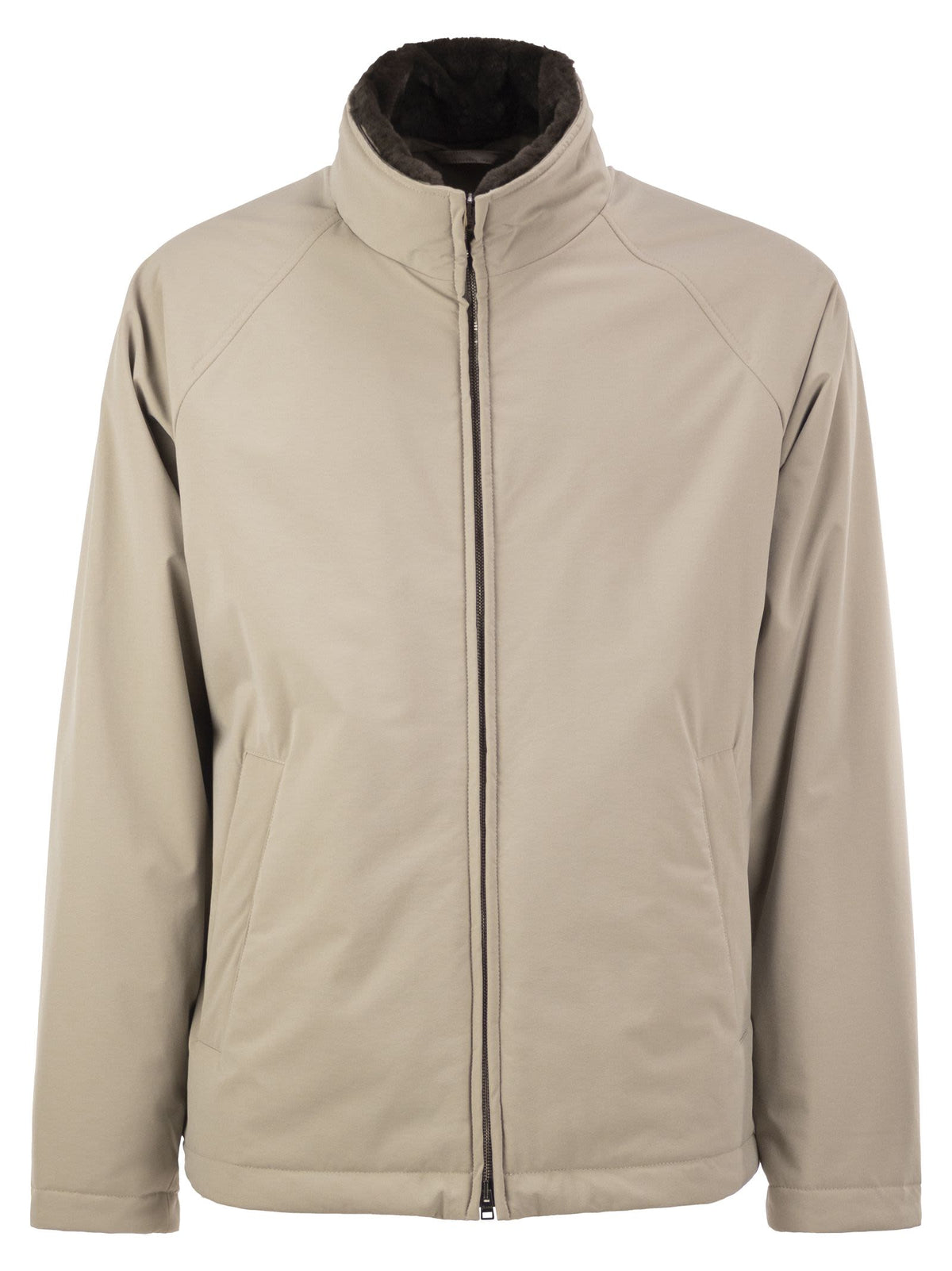 Herno Men Padded Technical Jacket With Stand Collar And Faux Fur Lining