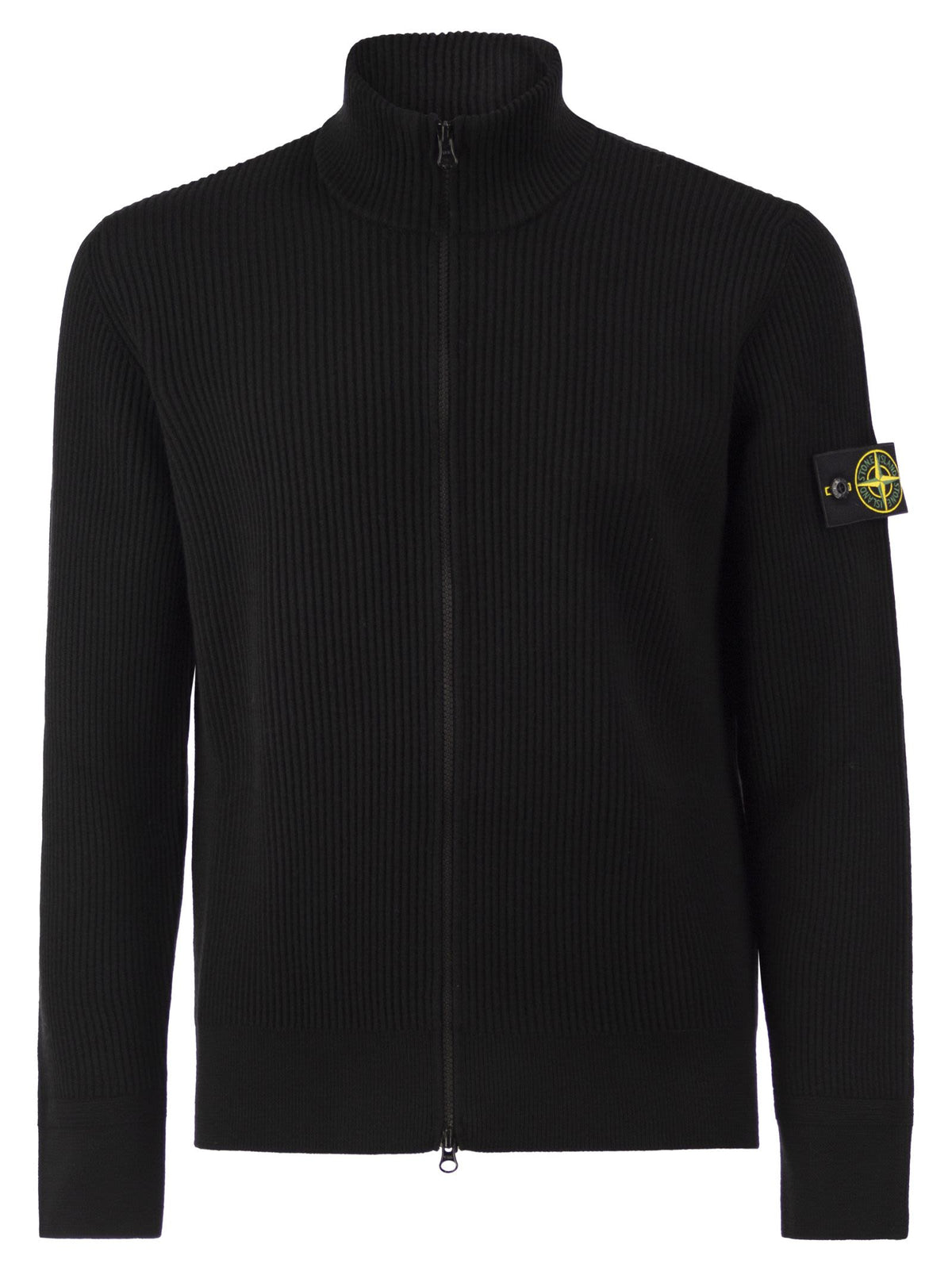 Stone Island Men Virgin Wool Ribbed Cardigan With High Neck And Zip