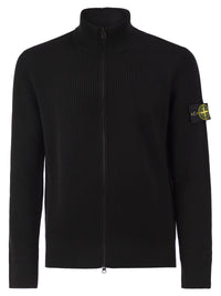 Stone Island Men Virgin Wool Ribbed Cardigan With High Neck And Zip