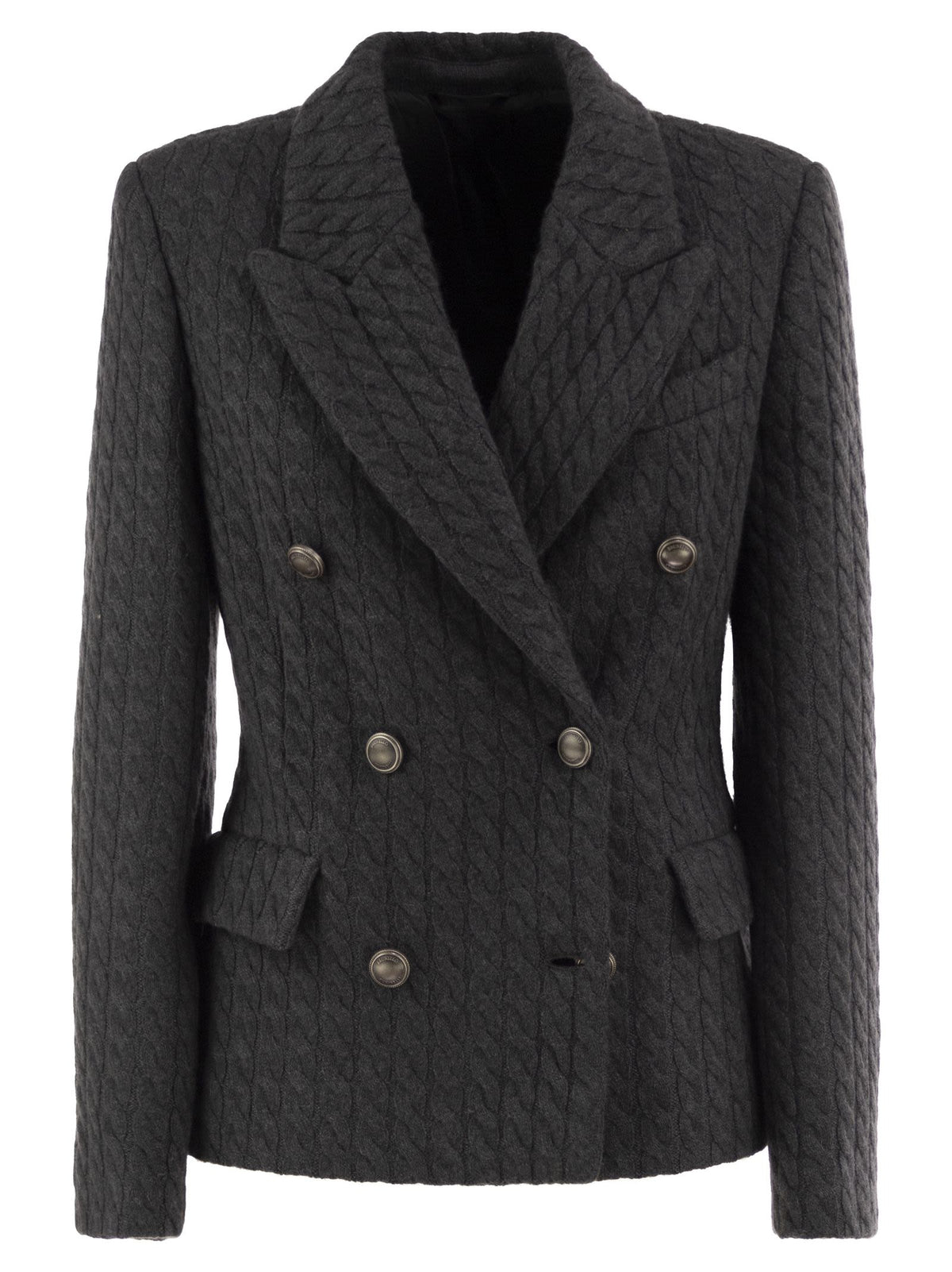 Brunello Cucinelli Women Double-Breasted Cashmere Cable-Knit Blazer