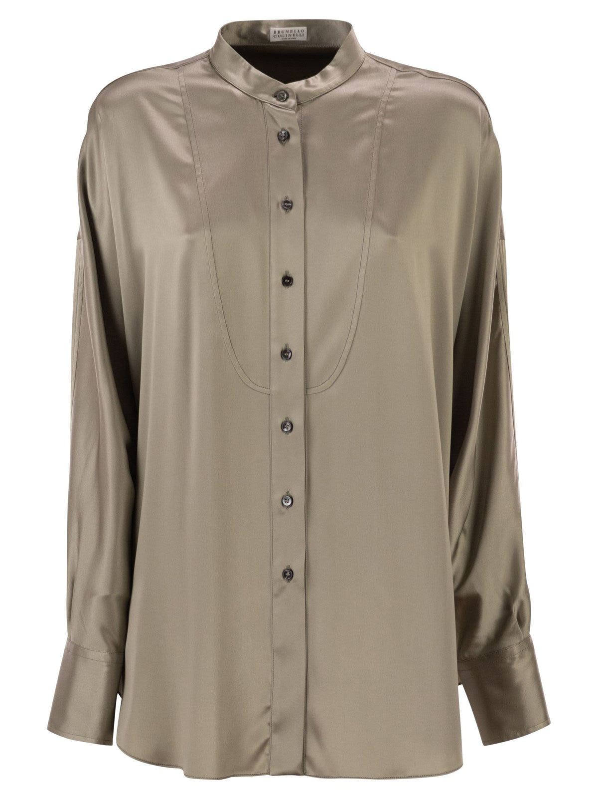 Brunello Cucinelli Women Stretch Silk Satin Mandarin Collar Shirt With Necklace