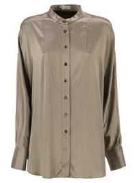 Brunello Cucinelli Women Stretch Silk Satin Mandarin Collar Shirt With Necklace