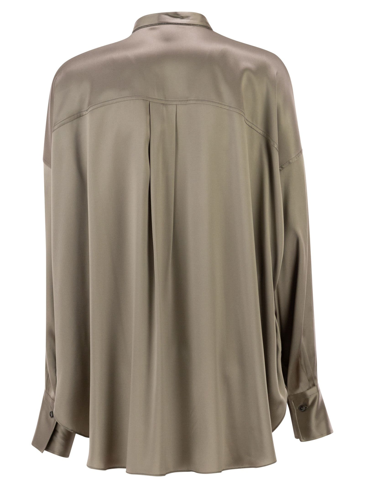 Brunello Cucinelli Women Stretch Silk Satin Mandarin Collar Shirt With Necklace