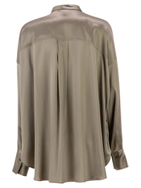 Brunello Cucinelli Women Stretch Silk Satin Mandarin Collar Shirt With Necklace
