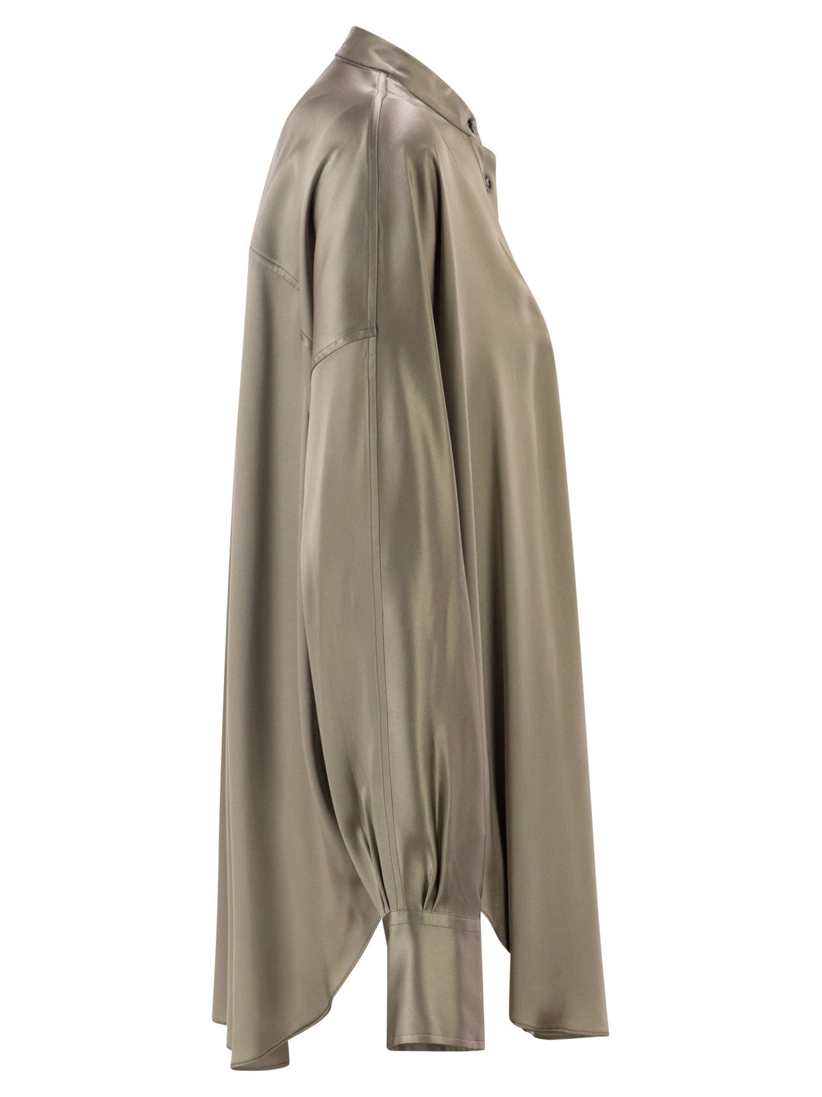 Brunello Cucinelli Women Stretch Silk Satin Mandarin Collar Shirt With Necklace