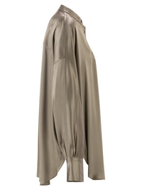 Brunello Cucinelli Women Stretch Silk Satin Mandarin Collar Shirt With Necklace