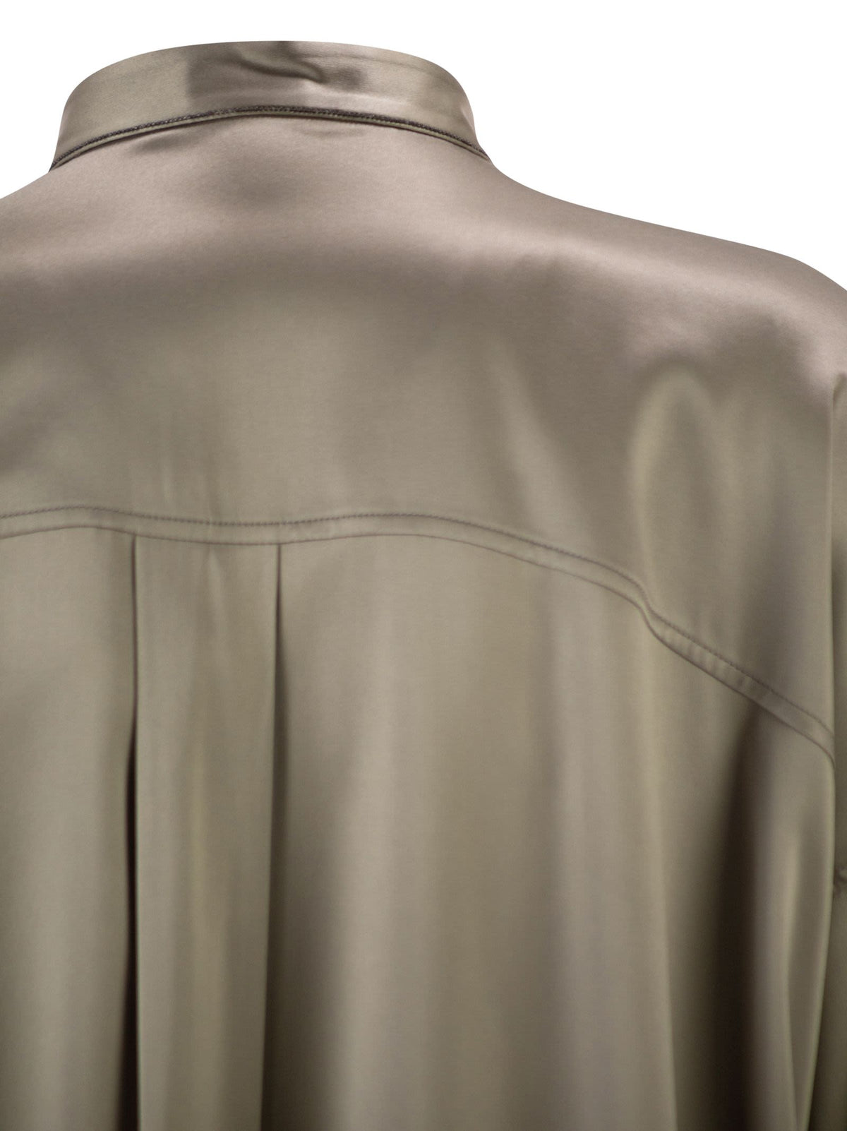 Brunello Cucinelli Women Stretch Silk Satin Mandarin Collar Shirt With Necklace